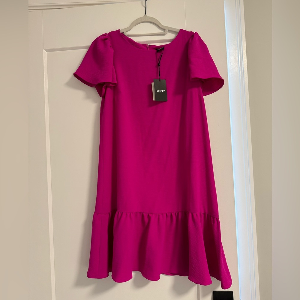 NWT DKNY Hot Pink Fuchsia Drop Waist Shift Dress ruffle Size 10 Medium